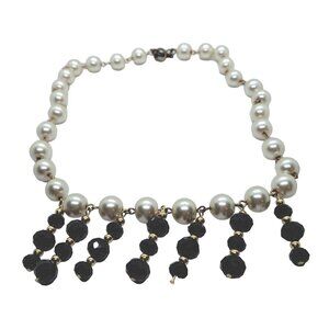 Handmade Remade Pearl Necklace with black crystal drops